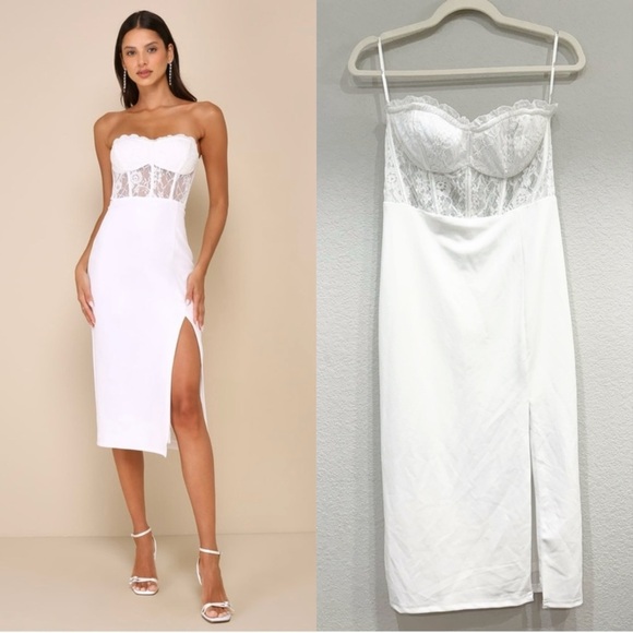 Size M - NWOT Lulus Exquisitely Sultry White Lace Strapless Bustier Midi‎ Dress - Picture 1 of 9